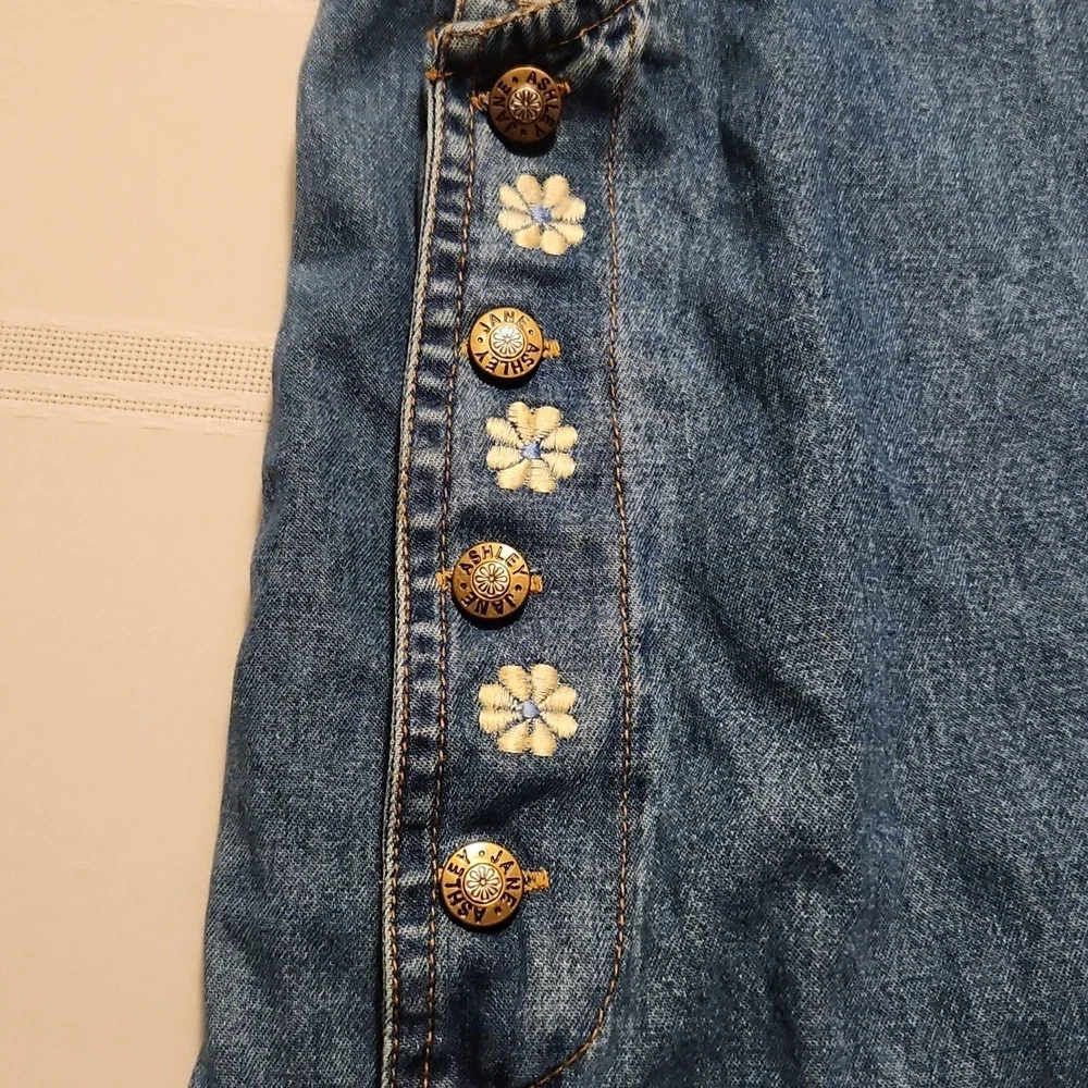Jane Ashley Womens Vintage Denim Dress M Maxi w Floral Embridered Neck Pockets - Picture 10 of 12